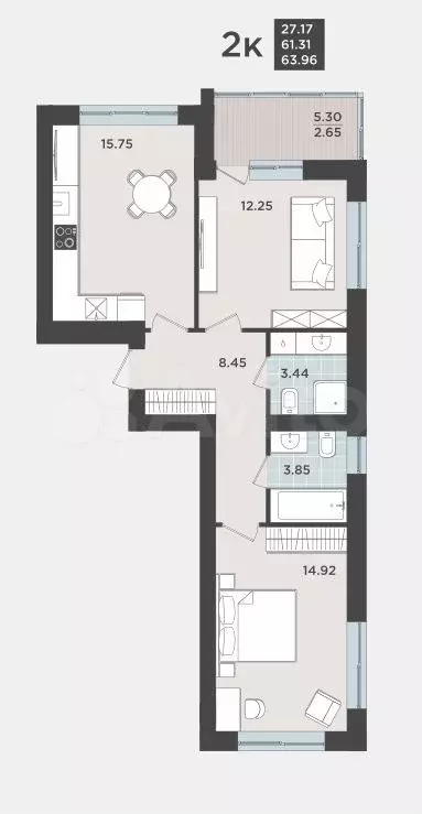 2-к. квартира, 62 м, 3/9 эт. - Фото 1
