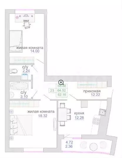2-к. квартира, 65,1 м, 7/9 эт. - Фото 1
