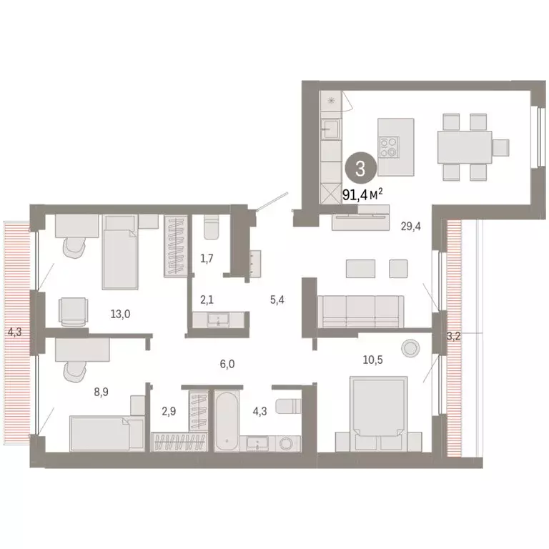 3-комнатная квартира: Новосибирский район, рабочий посёлок Краснообск, ... - Фото 2