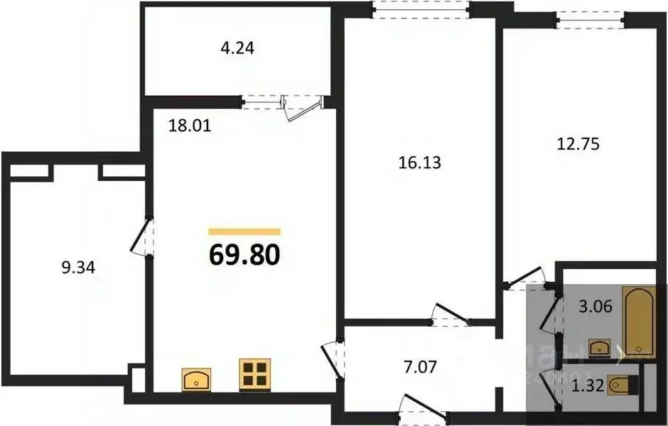 2-к кв. Воронежская область, Воронеж Краснознаменная ул., 72 (69.8 м) - Фото 0