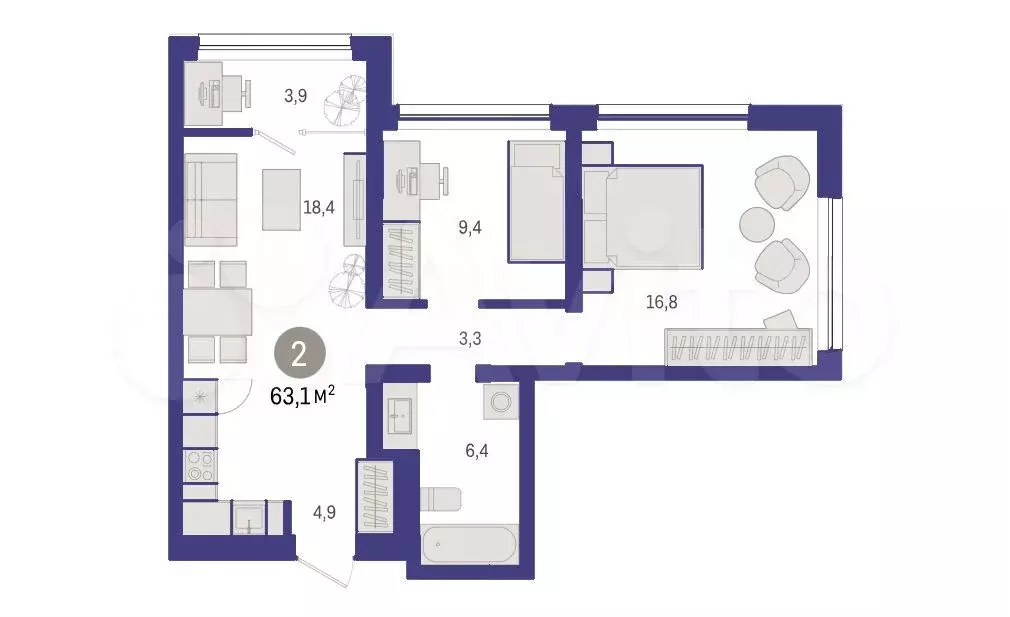 2-к. квартира, 63 м, 3/8 эт. - Фото 1