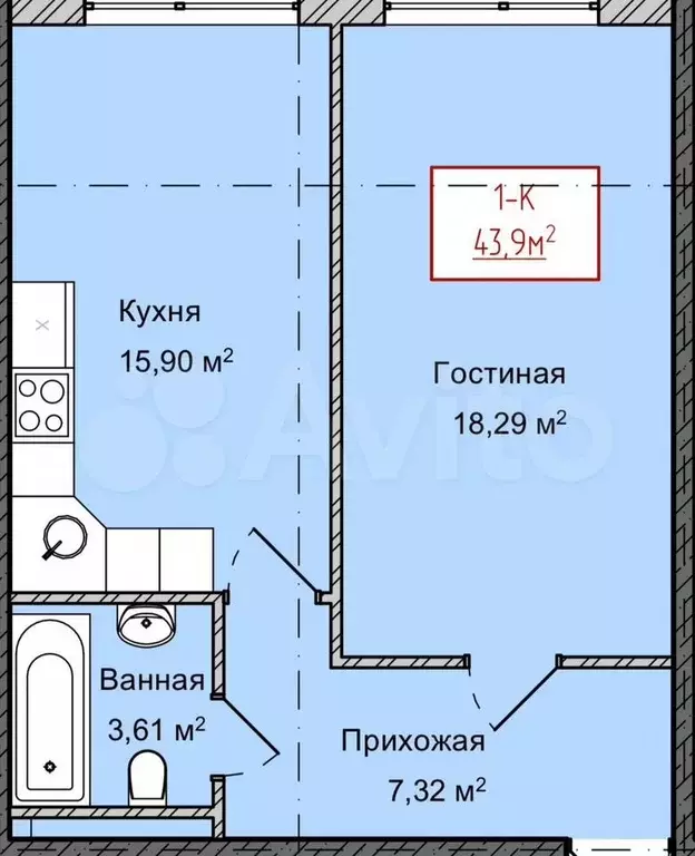 1-к. квартира, 43,9 м, 10/13 эт. - Фото 1