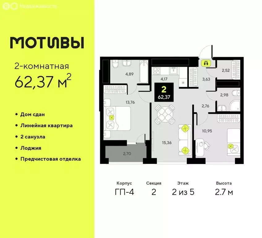 2-комнатная квартира: Тюмень, жилой комплекс Мотивы (62.37 м) - Фото 0