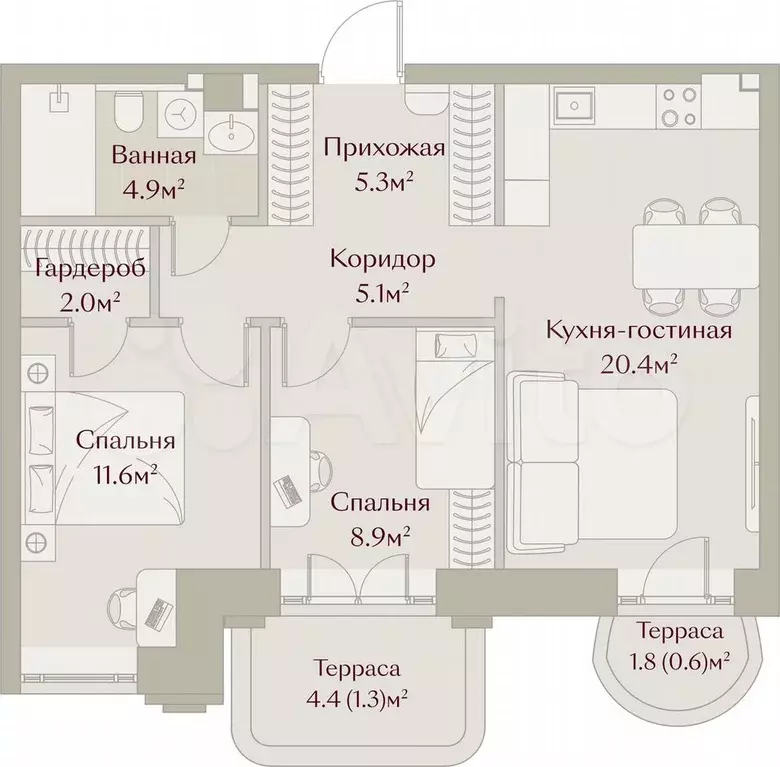 2-к. квартира, 60,1 м, 2/8 эт. - Фото 1