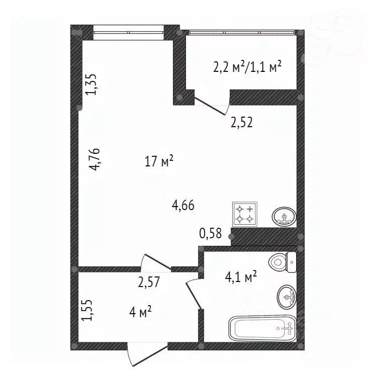 Студия Санкт-Петербург ул. Крыленко, 1к1с4 (25.1 м) - Фото 1