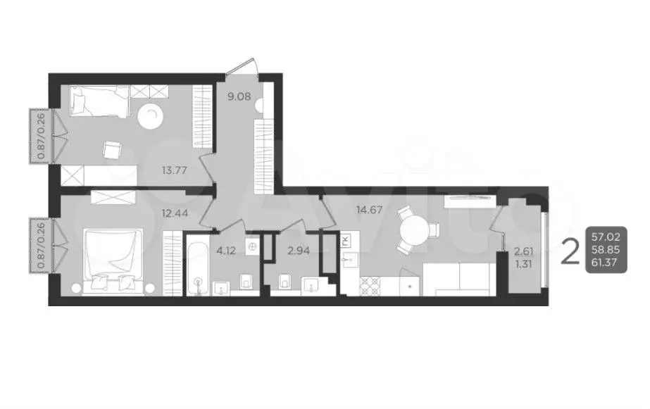 2-к. квартира, 59,1 м, 9/9 эт. - Фото 1