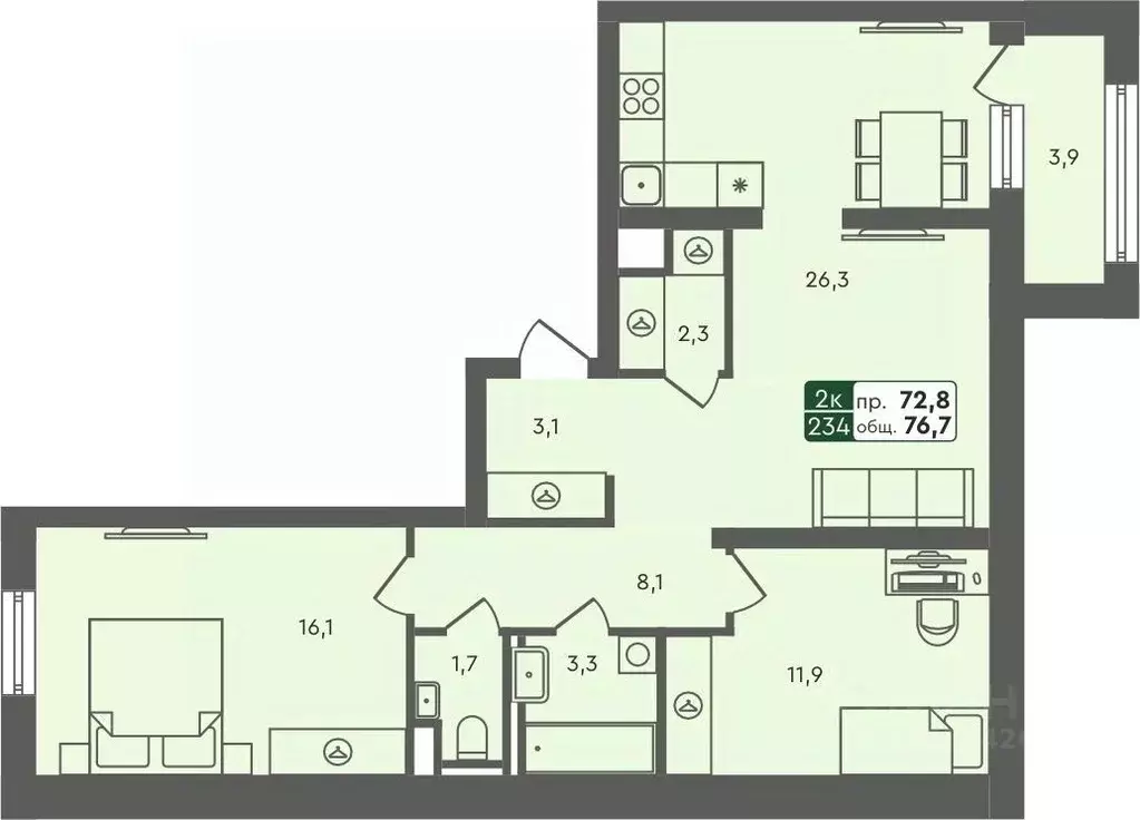 2-к кв. Курганская область, Курган Заозерный жилрайон,  (76.7 м) - Фото 1