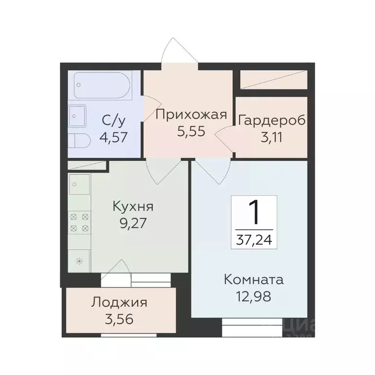 1-к кв. Воронежская область, Воронеж ул. Матросова, 60 (37.24 м) - Фото 1
