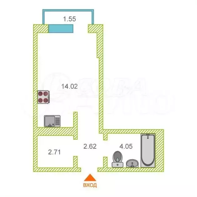 Квартира-студия, 23,4 м, 4/4 эт. - Фото 0
