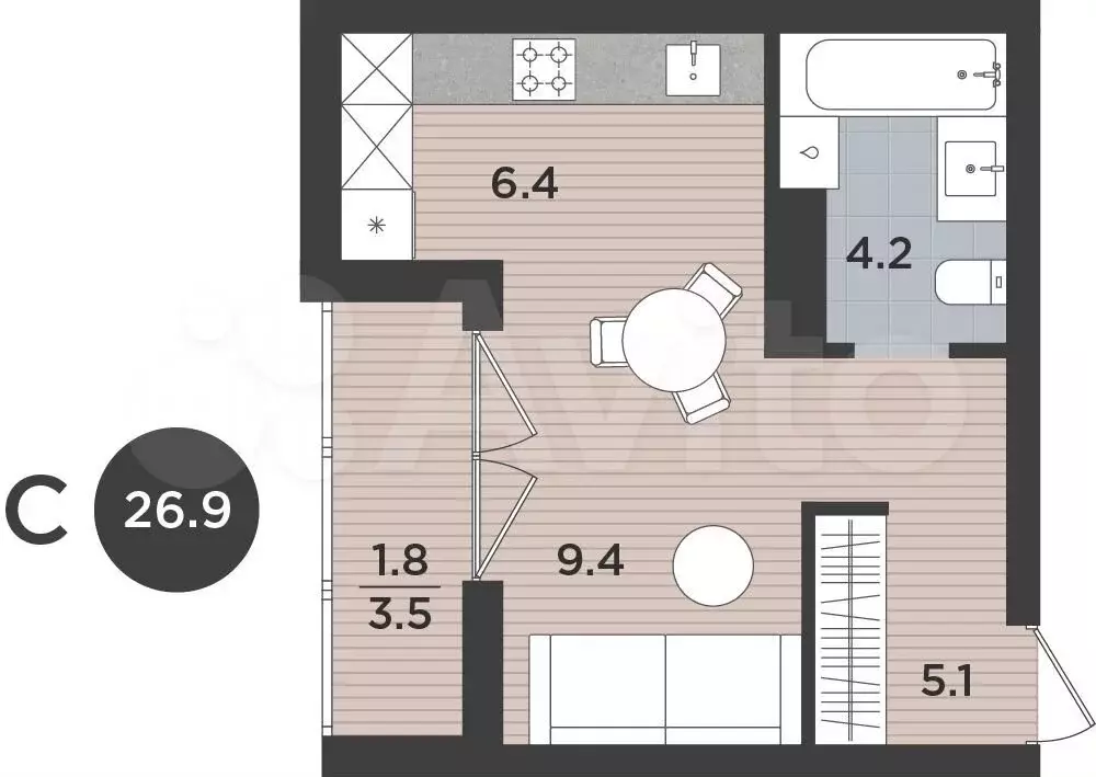 Квартира-студия, 26,9 м, 2/9 эт. - Фото 1