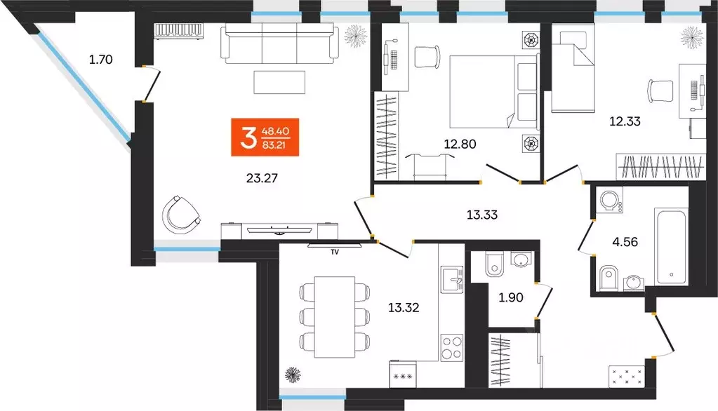 3-к кв. Башкортостан, Уфа ул. Султанова, 28 (83.21 м) - Фото 1