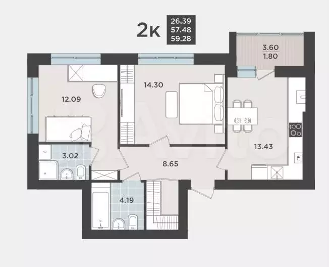 2-к. квартира, 57,5 м, 7/9 эт. - Фото 1