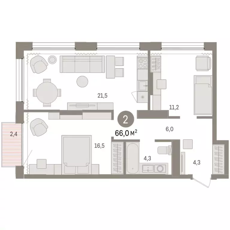 2-комнатная квартира: Тюмень, Краснооктябрьская улица, 4к3 (65.98 м) - Фото 1
