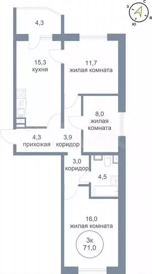 3-к. квартира, 71 м, 8/16 эт. - Фото 0