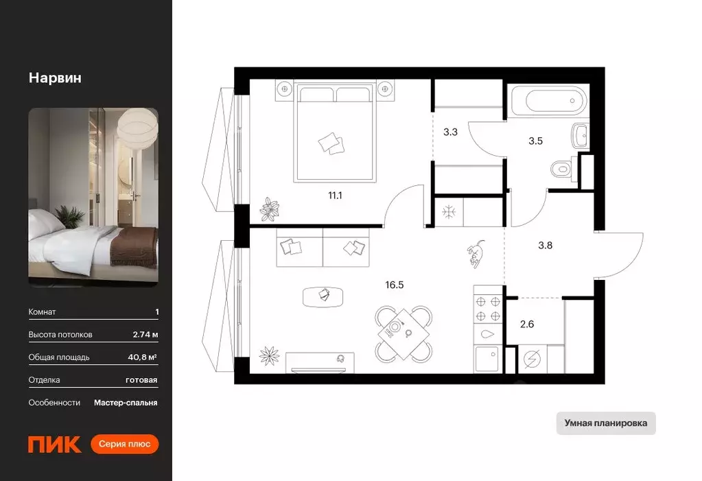 1-к кв. Москва Нарвин жилой комплекс, к1.3 (40.8 м) - Фото 1