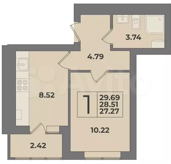 1-к. квартира, 29,7 м, 8/9 эт. - Фото 1