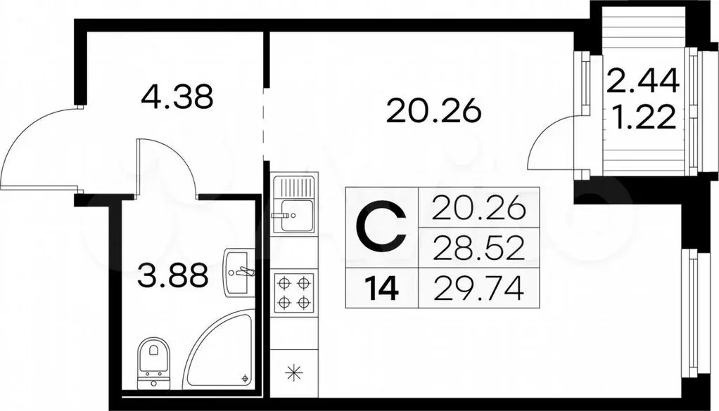 Квартира-студия, 29,7м, 2/15эт. - Фото 0