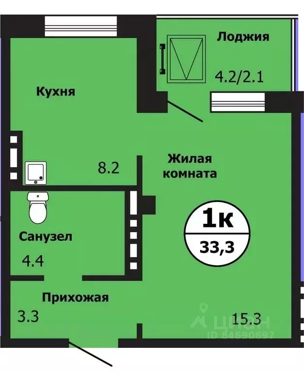 1-к кв. Красноярский край, Красноярск ул. Лесников, 43Б (33.1 м) - Фото 0