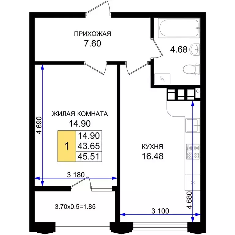 1-комнатная квартира: Новороссийск, микрорайон 5-я Бригада (45.51 м) - Фото 0