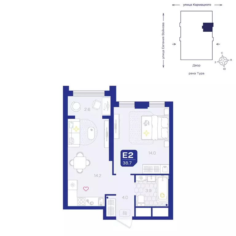 2-комнатная квартира: Тюмень, улица Евгения Войнова, 3 (38.7 м) - Фото 1