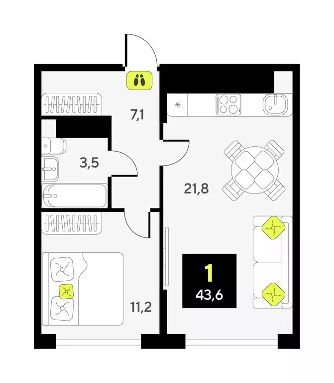1-комнатная квартира: Тюмень, улица Ивана Чистякова, 3 (43.6 м) - Фото 1