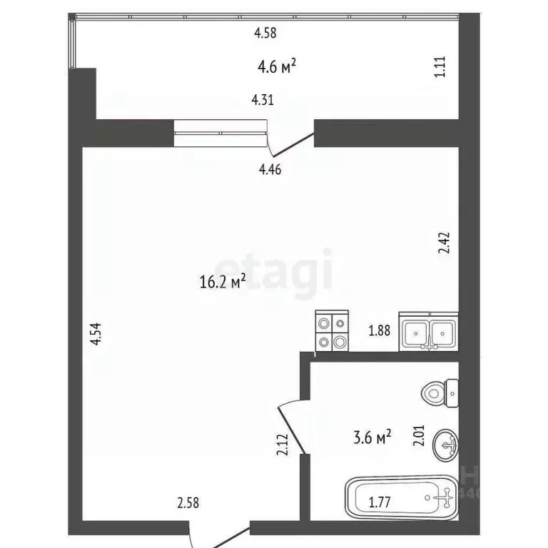 Студия Тюменская область, Тюмень ул. Надира Сагдеева, 10 (24.1 м) - Фото 1