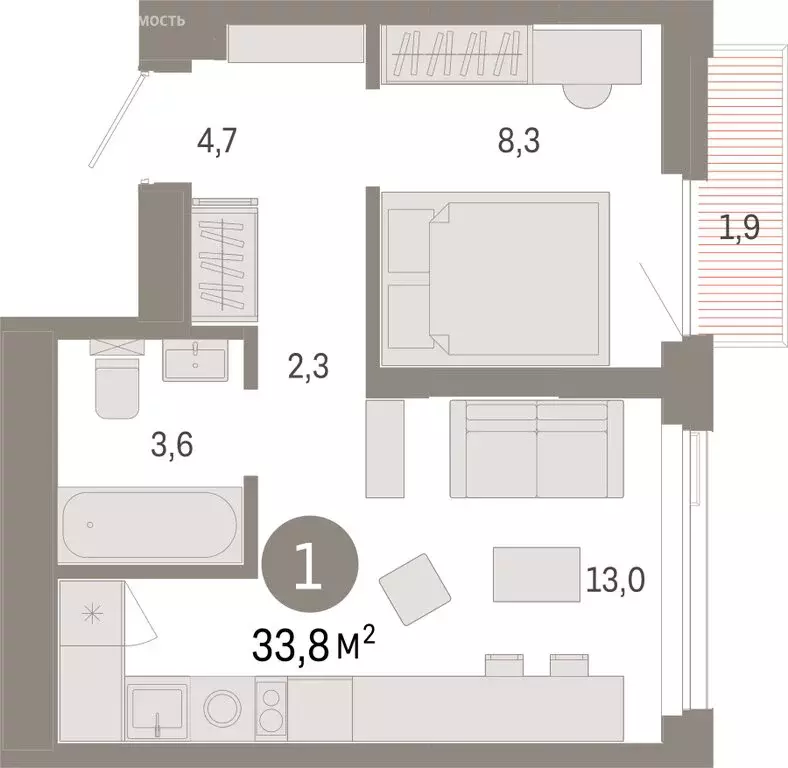 1-комнатная квартира: Тюмень, улица Павла Фитина, 7 (33.77 м) - Фото 2