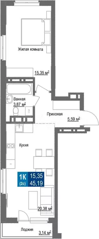 1-к. квартира, 45,2 м, 2/25 эт. - Фото 0