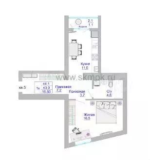 1-к. квартира, 44,1 м, 1/8 эт. - Фото 1