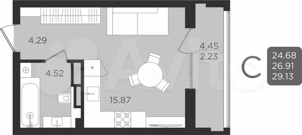 Квартира-студия, 26,9 м, 9/9 эт. - Фото 1