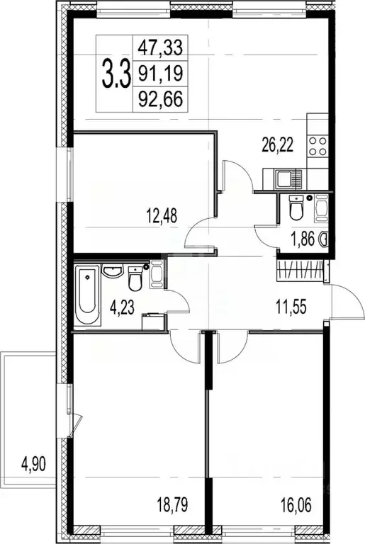 3-к кв. Санкт-Петербург ул. Александра Матросова, 3 (91.19 м) - Фото 1