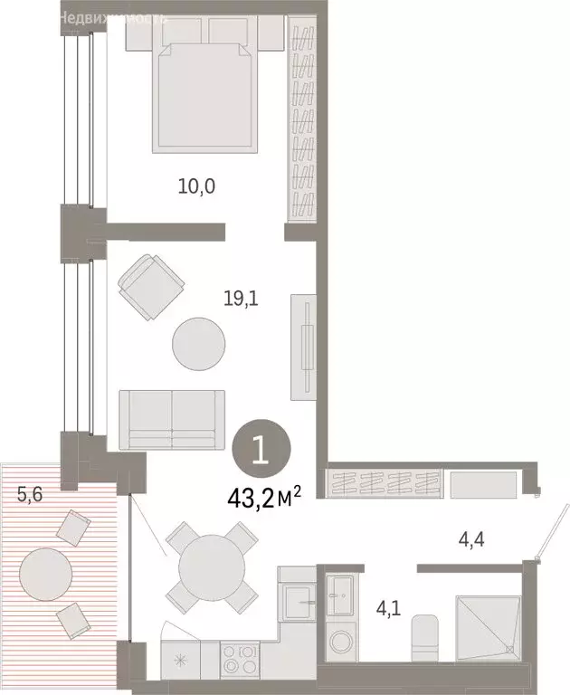 1-комнатная квартира: Тюмень, улица Муравленко, 9/2 (43.24 м) - Фото 1