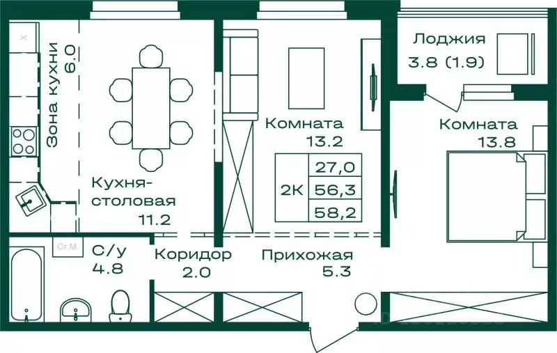 2-к кв. Алтай, Майминский район, с. Майма Алтайская ул., 2к6 (58.2 м) - Фото 1