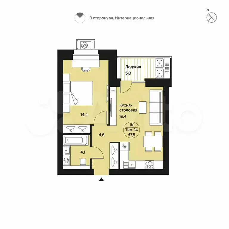 1-к. квартира, 47,5 м, 9/9 эт. - Фото 0