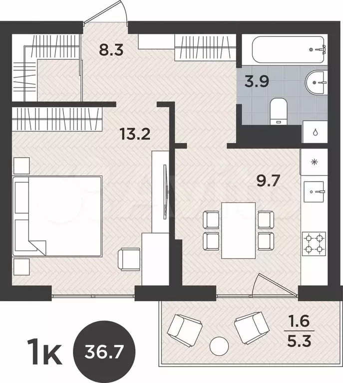 1-к. квартира, 36,7 м, 5/9 эт. - Фото 1