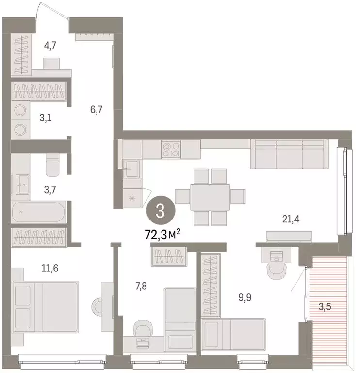 3-комнатная квартира: Челябинская область, Сосновский муниципальный ... - Фото 2