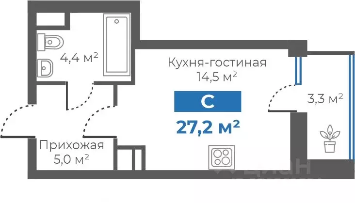 Студия Тюменская область, Тюмень Интернациональная ул., 197В (24.3 м) - Фото 1