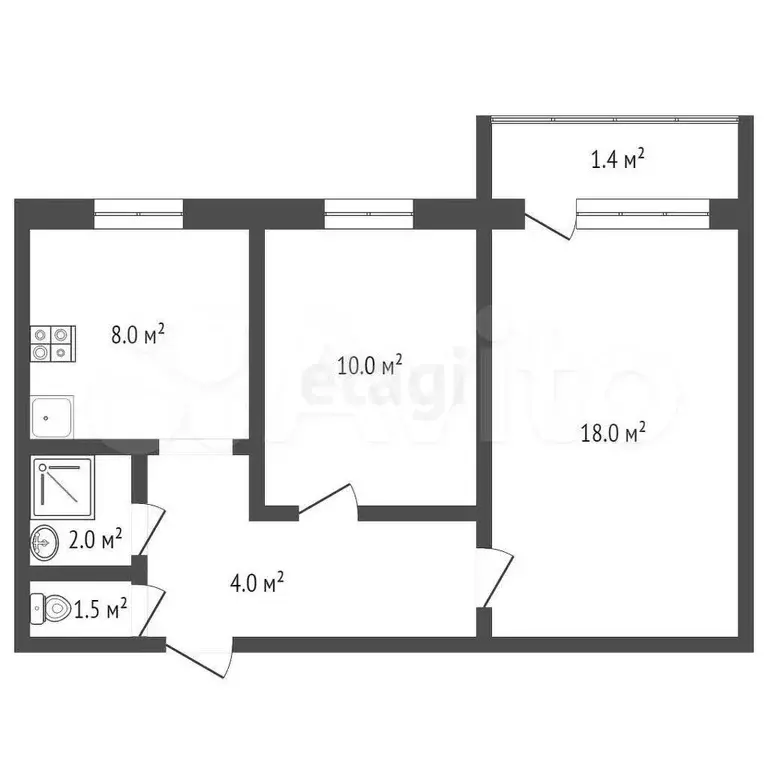 2-к. квартира, 44,9 м, 4/5 эт. - Фото 0