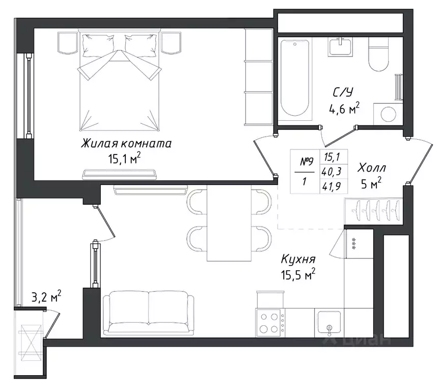 1-к кв. Калужская область, Калуга Комфорт Парк жилой комплекс (42.2 м) - Фото 1