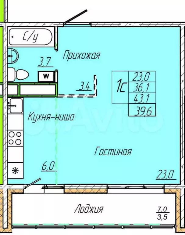 1-к. квартира, 39,6 м, 5/7 эт. - Фото 0