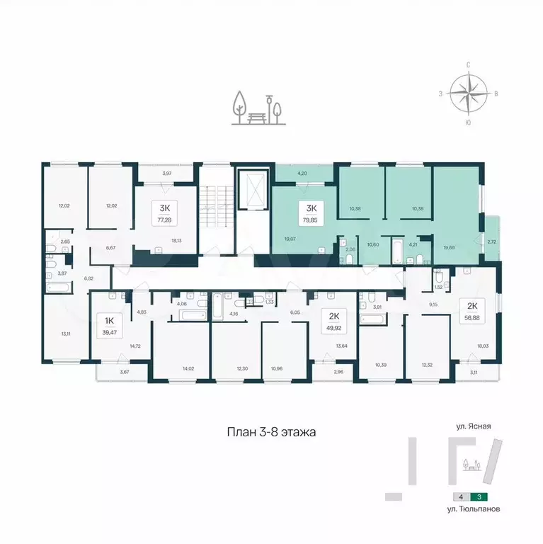 3-к. квартира, 79,9 м, 4/8 эт. - Фото 1