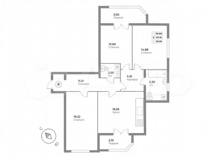 3-к. квартира, 96м, 2/4эт. - Фото 1