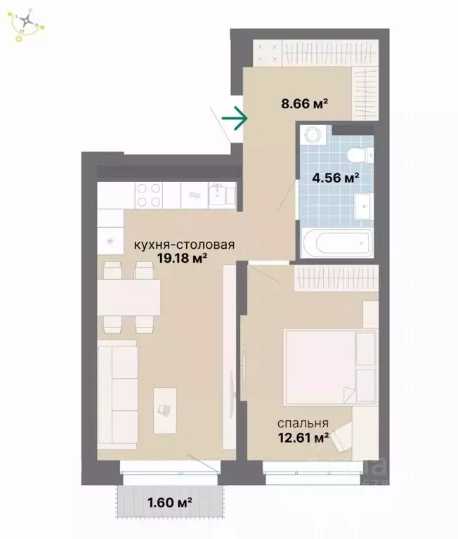 1-к кв. Свердловская область, Екатеринбург Эльмаш жилрайон,  (46.61 м) - Фото 1