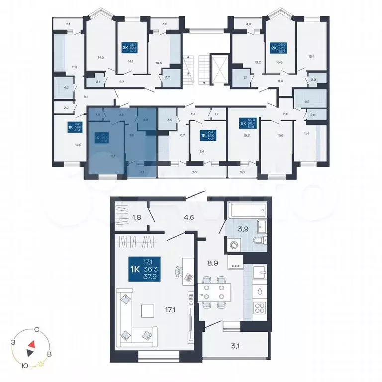 1-к. квартира, 37,9 м, 3/9 эт. - Фото 0