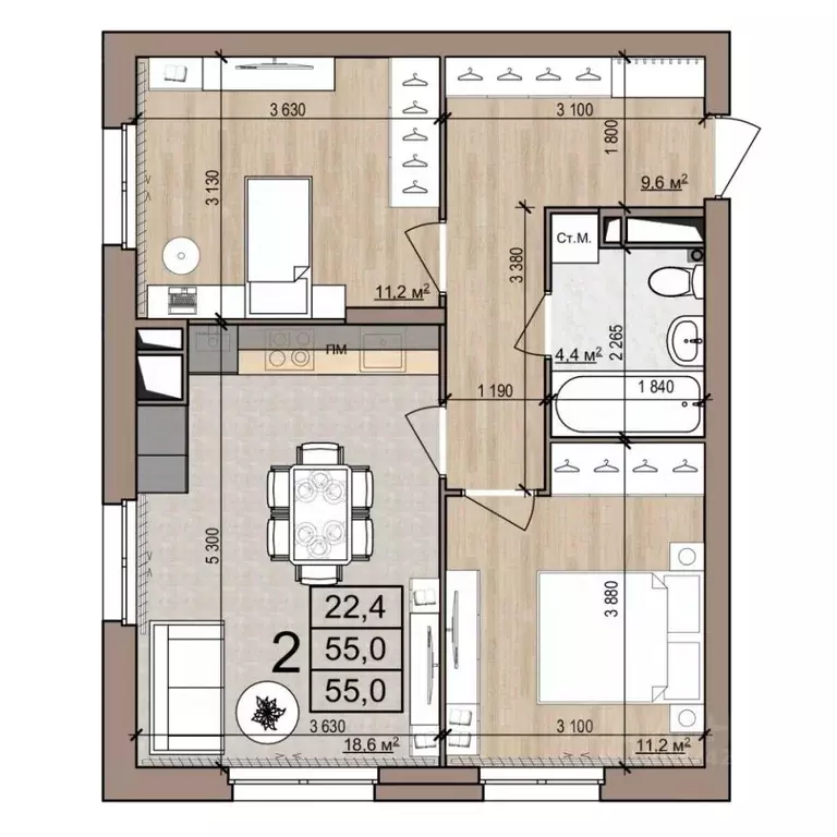 2-к кв. Рязанская область, Рязань ул. Новоселов, 33Б (55.0 м) - Фото 1