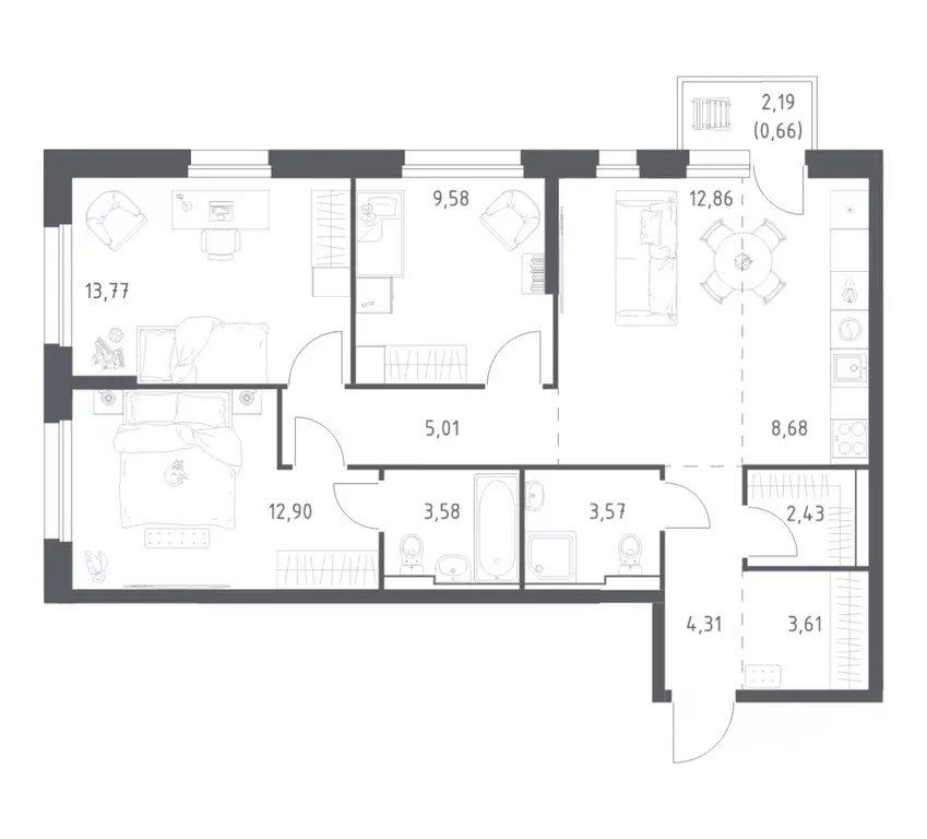 3-к кв. Приморский край, Владивосток ул. Нейбута (80.96 м) - Фото 1
