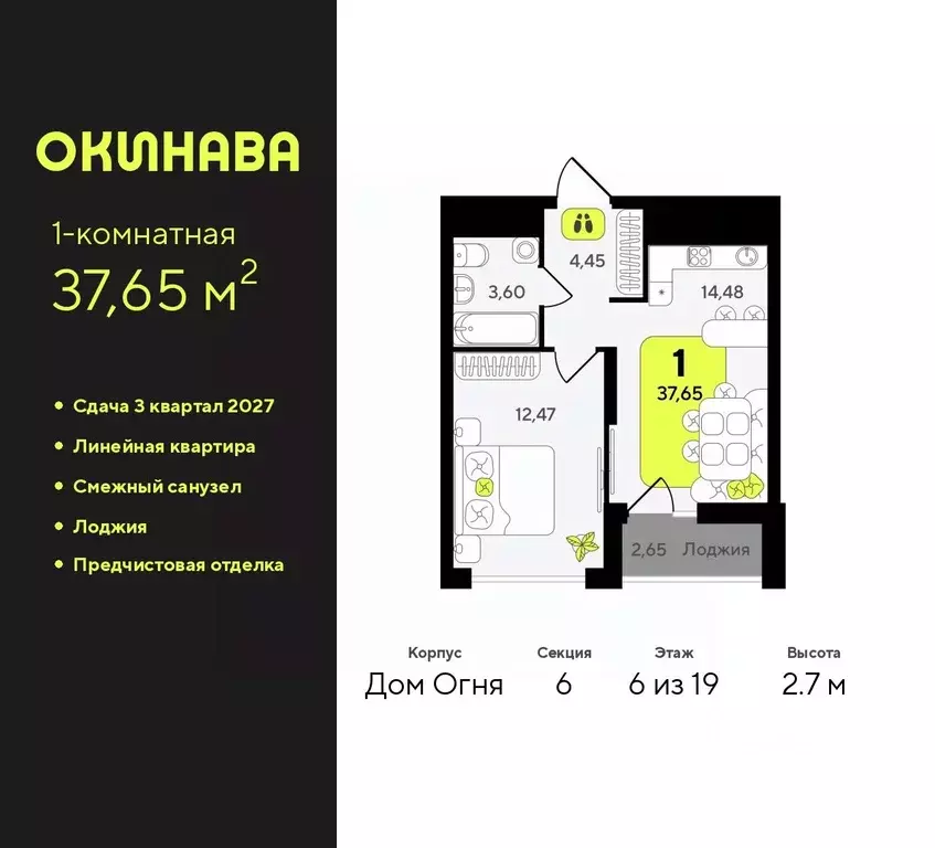 1-к кв. Тюменская область, Тюмень Окинава жилой комплекс (37.65 м) - Фото 0