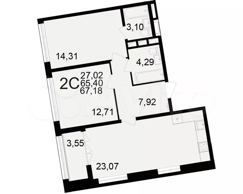 2-к. квартира, 67,2 м, 20/25 эт. - Фото 1