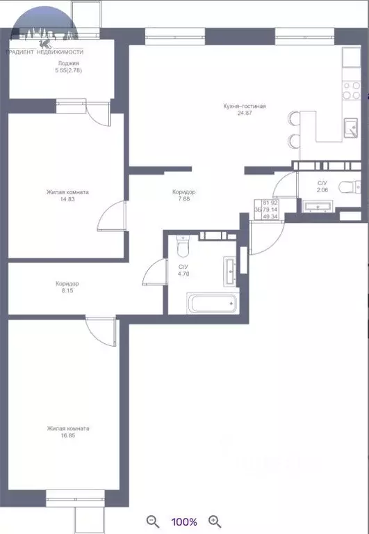 3-к кв. Татарстан, Казань ул. Петра Полушкина, 6 (78.5 м) - Фото 2