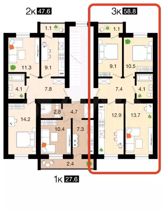 3-к. квартира, 59 м, 2/4 эт. - Фото 0